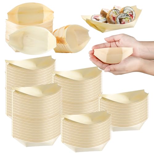 Hoolerry 500 Pcs Disposable Wood Boat Plates Dishes 4 Inches Bamboo Plates Sushi Boat Disposable Bamboo Leaf Dish Serving Tray Food Container Wood Bowl For Catering Home - Image 1