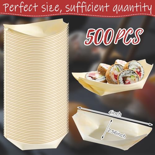 Hoolerry 500 Pcs Disposable Wood Boat Plates Dishes 4 Inches Bamboo Plates Sushi Boat Disposable Bamboo Leaf Dish Serving Tray Food Container Wood Bowl For Catering Home - Image 2