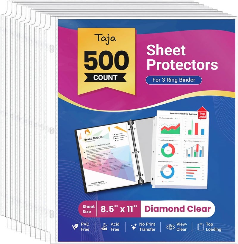 Taja Sheet Protectors for 3 Ring Binder, Clear Page Protectors Top Loading, Plastic Sleeves for Paper Letter Size 8.5" x 11", Perfect for Office, Home & School Document Storage, 500 Pack - Image 1