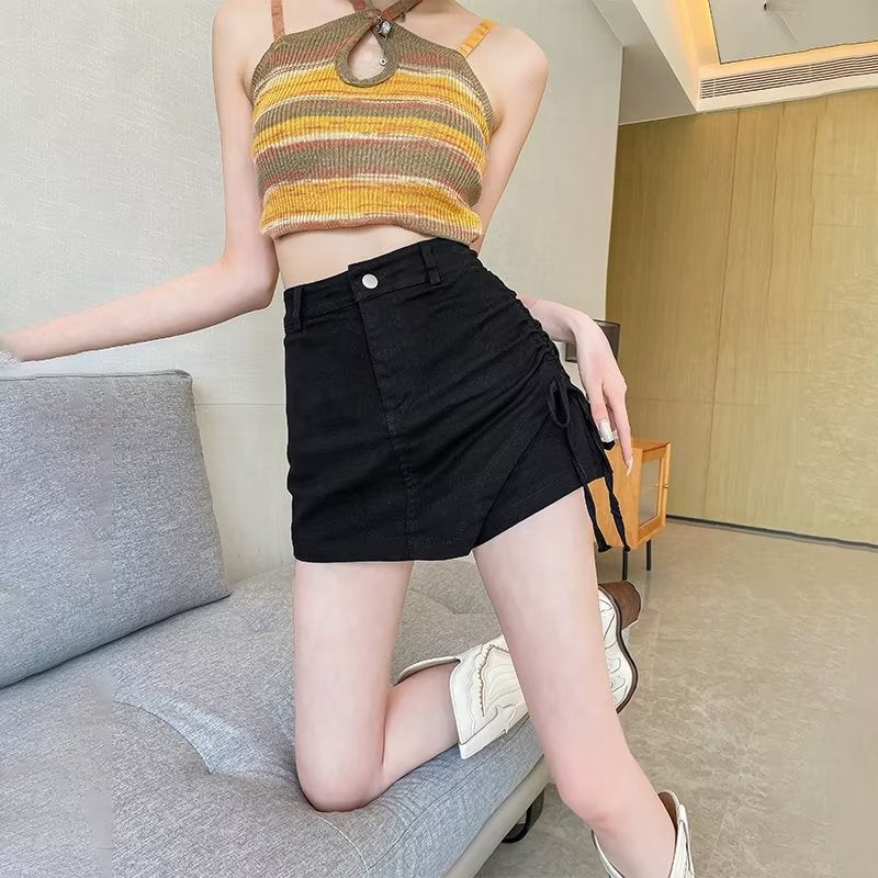 Plus Size High-Waisted Slimming Petite A- Line Denim Mini Dress For Women 2024 Summer New Arrival Bodycon Skirt Trousers Skirt Khaki  - Image 2