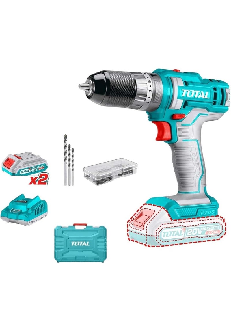 TOTAL Drill driver 20 volt battery 2 batteries 2 MP regular and precision new metal chuck  TIDLI201452 - Total - Image 1