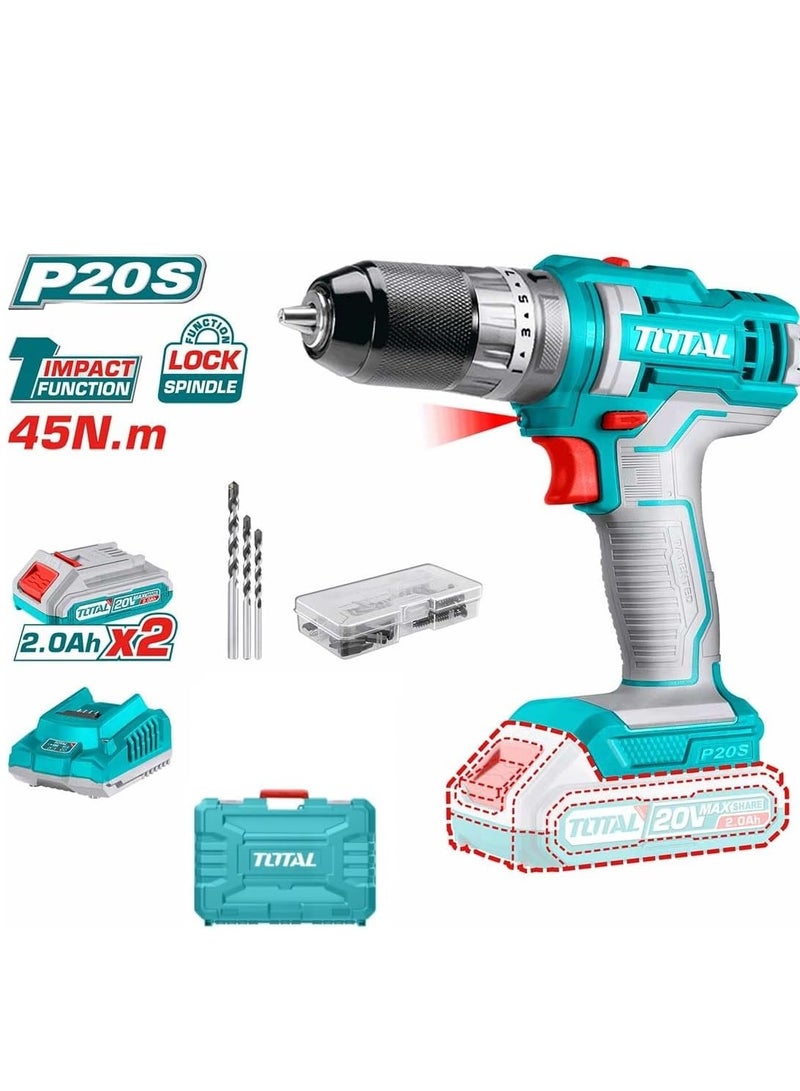 TOTAL Drill driver 20 volt battery 2 batteries 2 MP regular and precision new metal chuck  TIDLI201452 - Total - Image 2