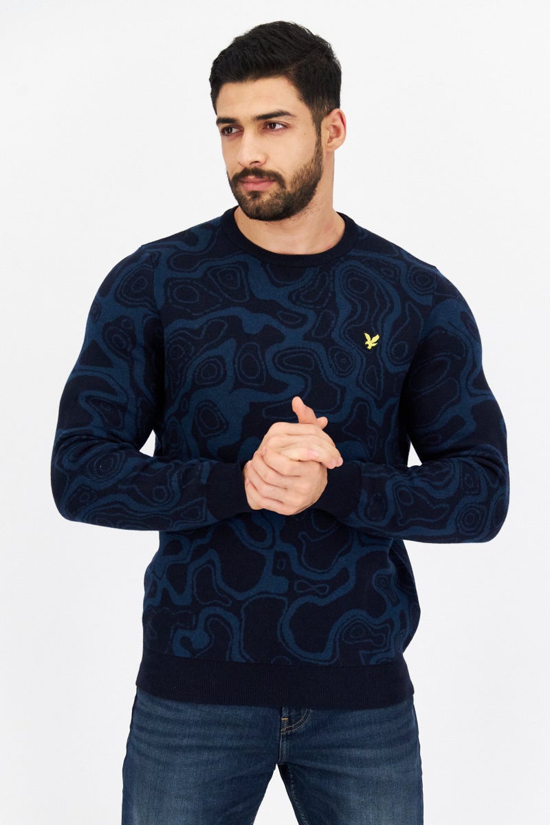 Lyle & Scott Men Crew Neck Abstract Print Knitted Sweater, Navy  - Image 1