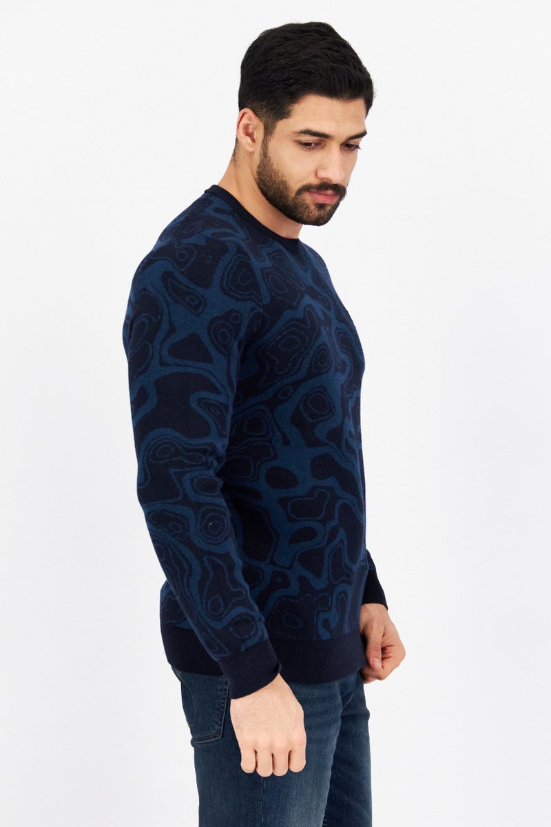 Lyle & Scott Men Crew Neck Abstract Print Knitted Sweater, Navy  - Image 4