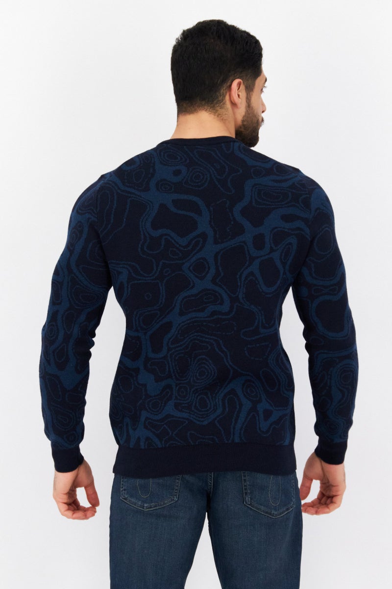 Lyle & Scott Men Crew Neck Abstract Print Knitted Sweater, Navy  - Image 3