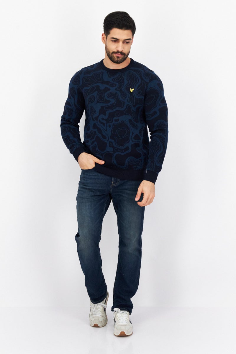 Lyle & Scott Men Crew Neck Abstract Print Knitted Sweater, Navy  - Image 2