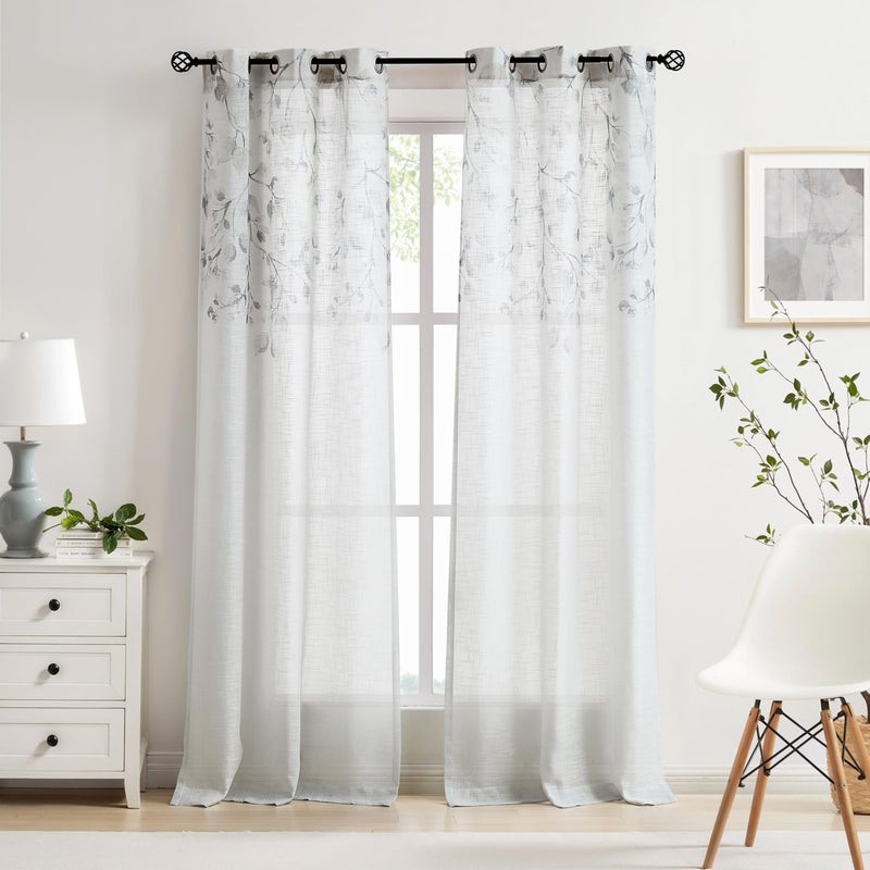Central Park Leaf Floral Print Metallic Sheer Window Curtain Panel for Rustic Living RoomBedroom Sparkling Decorative 6 Grommets Top Drape Panels Farmhouse Curtains Gray Tan40 x 84x2 2 PK