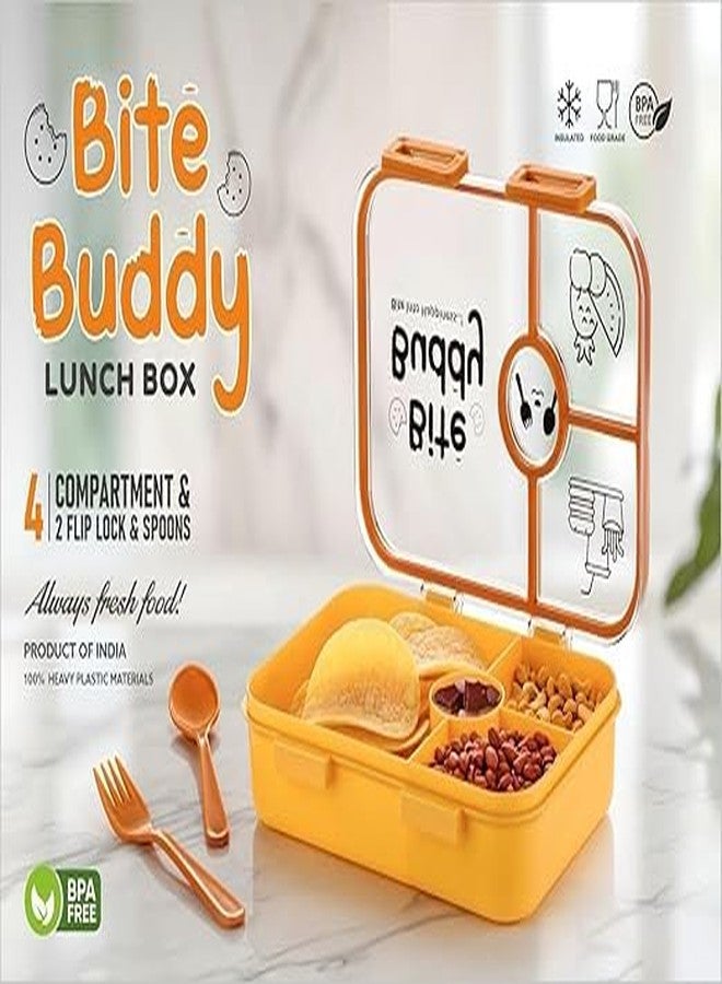 QUALIZA Bite Buddy Lunch Box bite into Happiness 4compartment, 2 flip Lock & Spoon,Reusable Microwave Freezer Safe (Multi) - Image 4