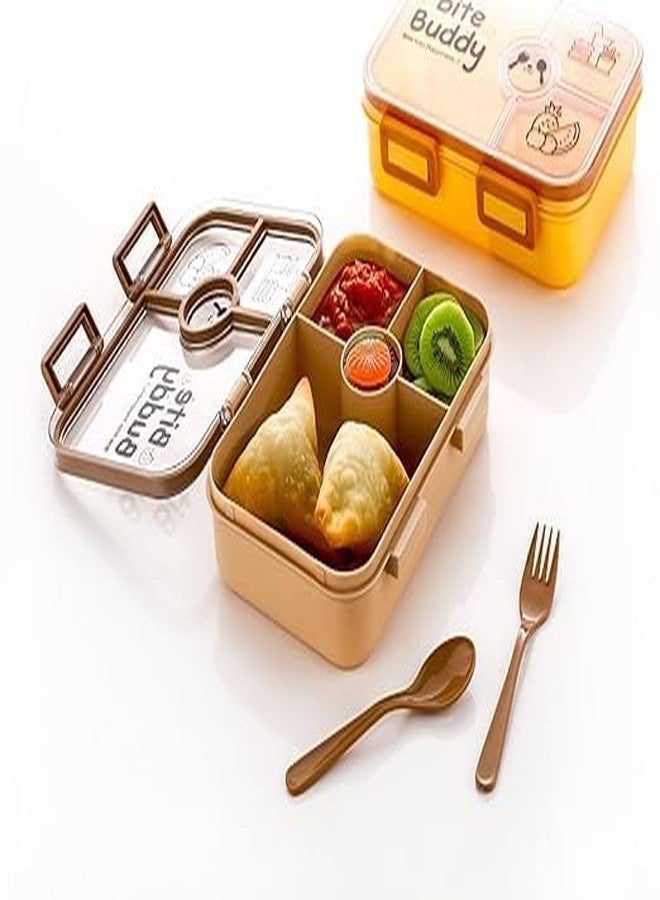QUALIZA Bite Buddy Lunch Box bite into Happiness 4compartment, 2 flip Lock & Spoon,Reusable Microwave Freezer Safe (Multi) - Image 1