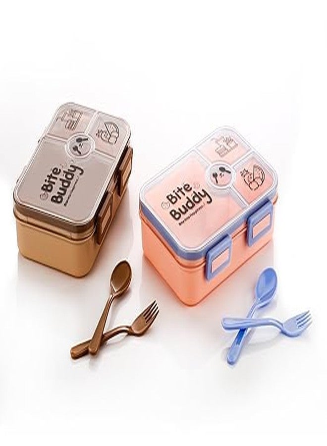 QUALIZA Bite Buddy Lunch Box bite into Happiness 4compartment, 2 flip Lock & Spoon,Reusable Microwave Freezer Safe (Multi) - Image 2