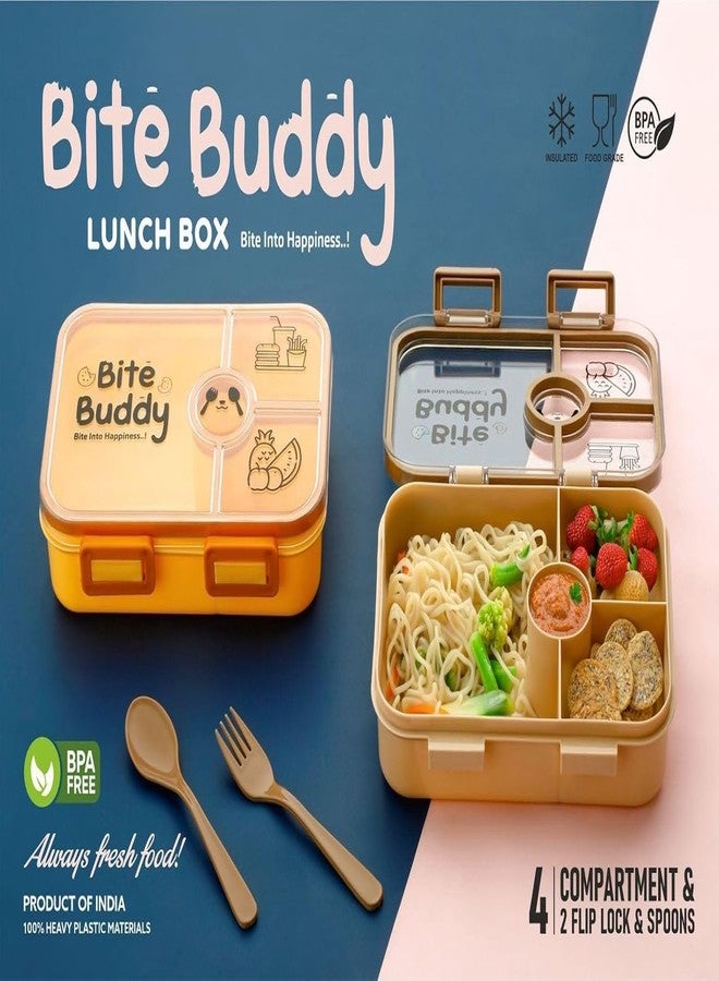 QUALIZA Bite Buddy Lunch Box bite into Happiness 4compartment, 2 flip Lock & Spoon,Reusable Microwave Freezer Safe (Multi) - Image 5