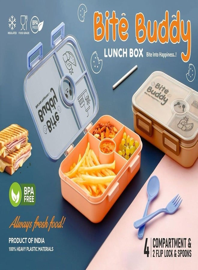 QUALIZA Bite Buddy Lunch Box bite into Happiness 4compartment, 2 flip Lock & Spoon,Reusable Microwave Freezer Safe (Multi) - Image 3