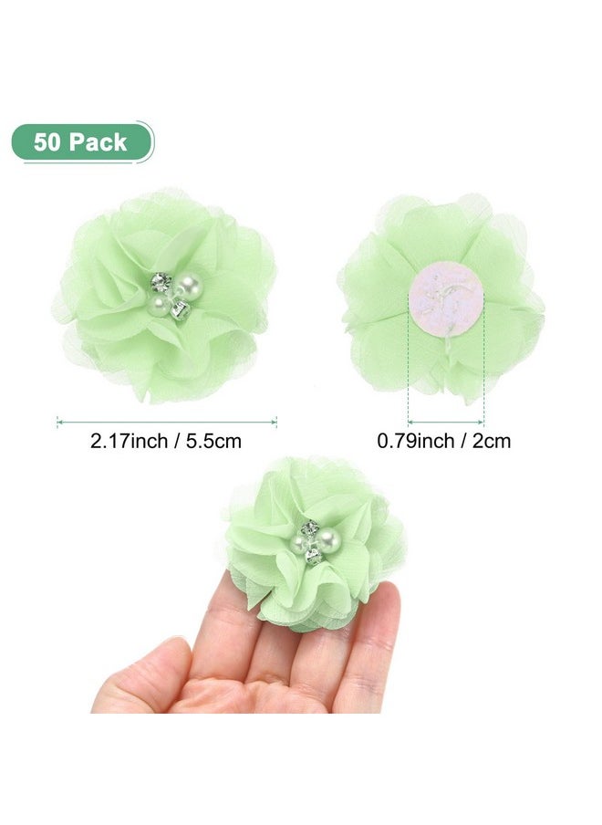 M METERXITY M METERXITY 50-Pack Rhinestone Pearl Chiffon Flowers 2.17 x 2.17 Inch Mesh Fabric Flowers Full Chiffon Flowers Hair Clips Flower for Home Decor/Wedding/Headbands/DIY/Party/Garden [Light Green]  - Image 3
