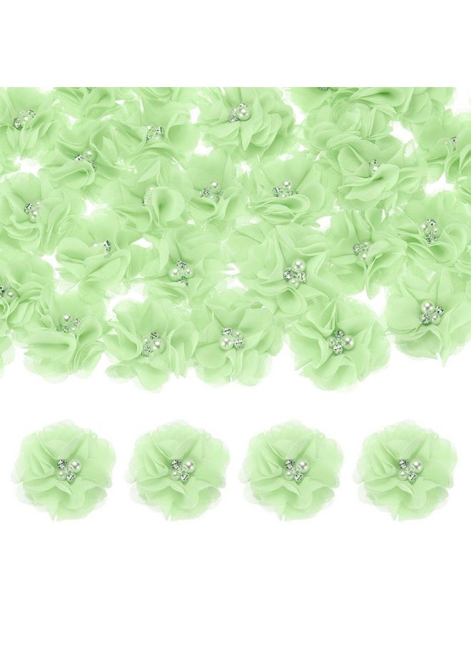 M METERXITY M METERXITY 50-Pack Rhinestone Pearl Chiffon Flowers 2.17 x 2.17 Inch Mesh Fabric Flowers Full Chiffon Flowers Hair Clips Flower for Home Decor/Wedding/Headbands/DIY/Party/Garden [Light Green]  - Image 1