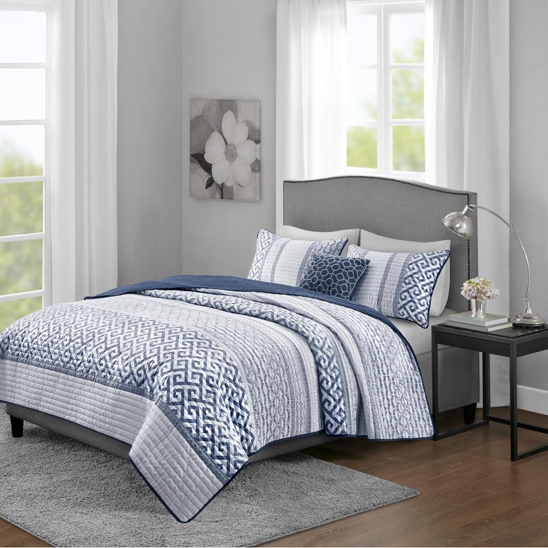 Madison Park Quilt Set Luxurious Jacquard Stripes Design  All Season Coverlet Bedspread Lightweight Bedding Layer Shams Decorative Pillow FullQueen90x90 Geometric Navy 4 Piece
