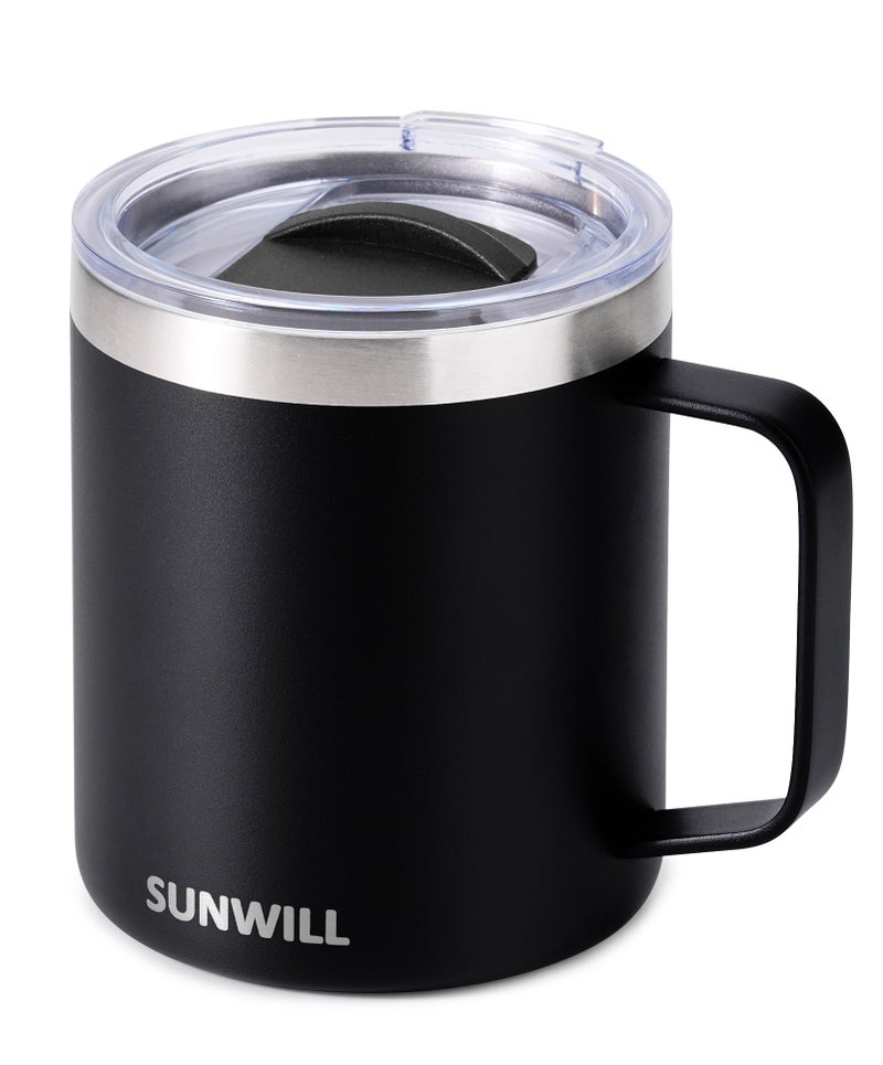 SUNWILL كوب قهوة سفر SUNWILL مع غطاء، كوب معزول بمقبض، سعة 14 أونصة من الفولاذ المقاوم للصدأ للتخييم، في الهواء الطلق، مطلي باللون الأسود - Image 1