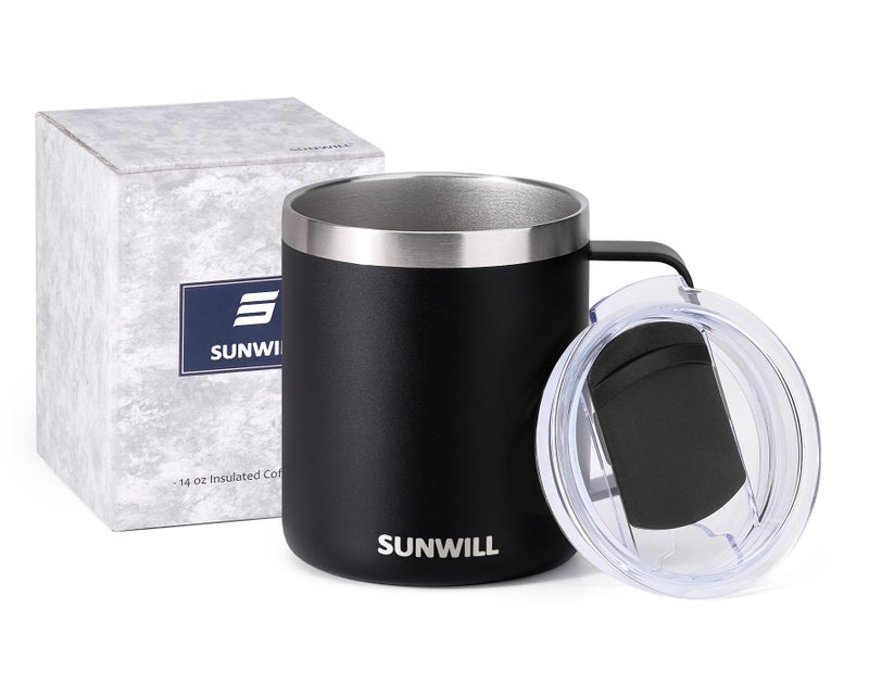 SUNWILL كوب قهوة سفر SUNWILL مع غطاء، كوب معزول بمقبض، سعة 14 أونصة من الفولاذ المقاوم للصدأ للتخييم، في الهواء الطلق، مطلي باللون الأسود - Image 5