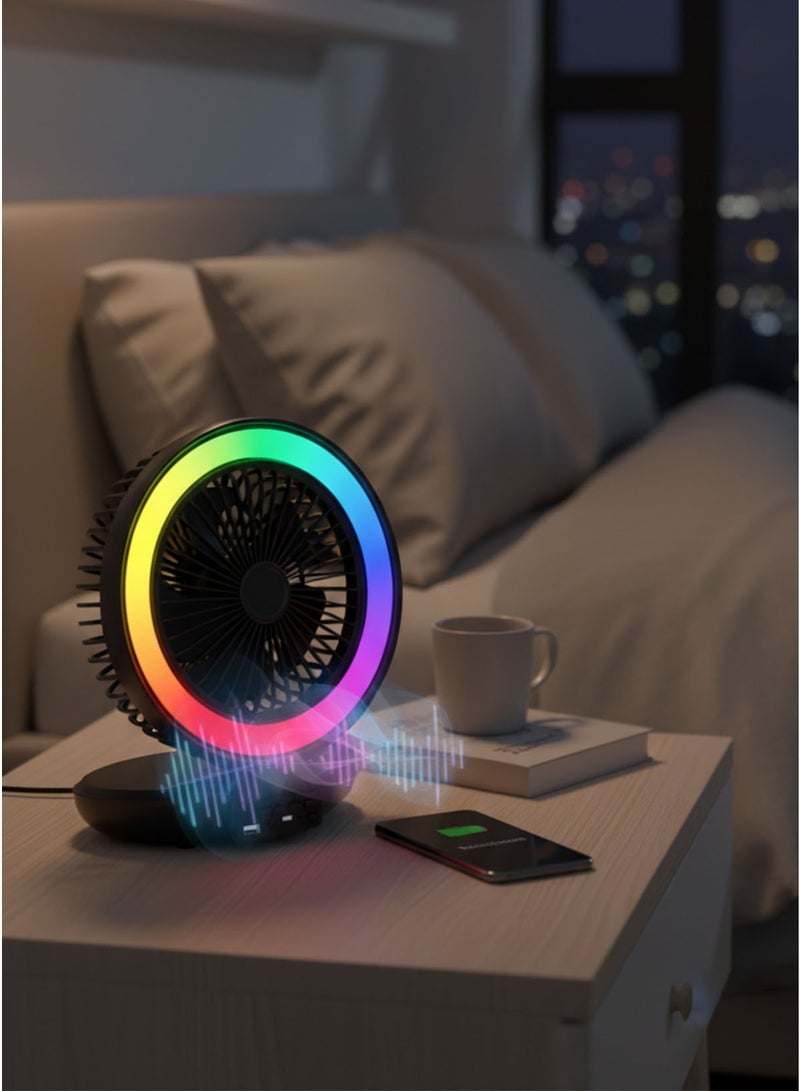 SING-E مكبر صوت بلوتوث مع مروحة وإضاءة LED متعددة الألوان — قابل لإعادة الشحن — صوت ستيريو محيطي — يدعم AUX وUSB وTF وFM — مناسب للسيارة والمكتب — لون عشوائي - Image 1