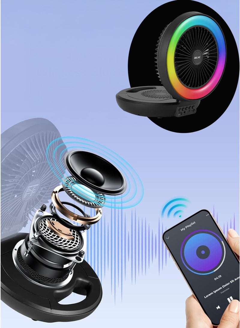 SING-E مكبر صوت بلوتوث مع مروحة وإضاءة LED متعددة الألوان — قابل لإعادة الشحن — صوت ستيريو محيطي — يدعم AUX وUSB وTF وFM — مناسب للسيارة والمكتب — لون عشوائي - Image 2