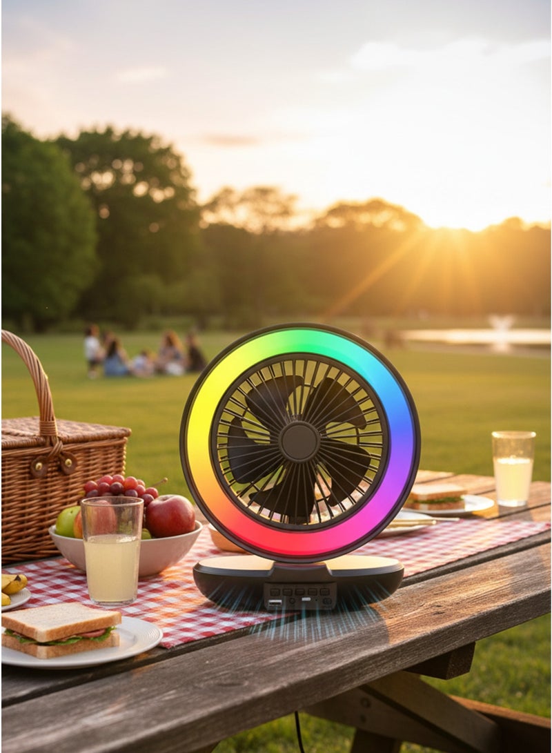 SING-E مكبر صوت بلوتوث مع مروحة وإضاءة LED متعددة الألوان — قابل لإعادة الشحن — صوت ستيريو محيطي — يدعم AUX وUSB وTF وFM — مناسب للسيارة والمكتب — لون عشوائي - Image 5