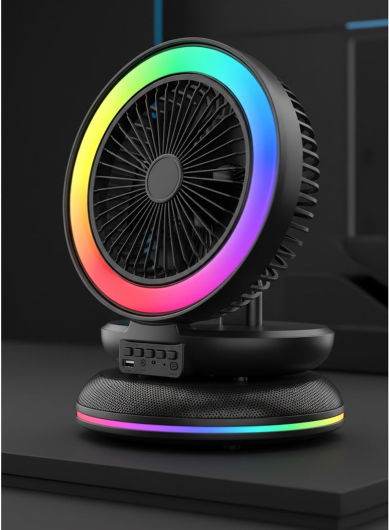 SING-E مكبر صوت بلوتوث مع مروحة وإضاءة LED متعددة الألوان — قابل لإعادة الشحن — صوت ستيريو محيطي — يدعم AUX وUSB وTF وFM — مناسب للسيارة والمكتب — لون عشوائي - Image 4