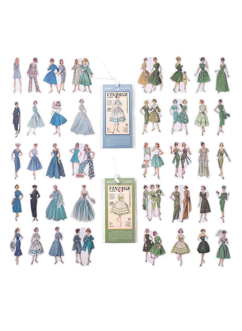 كابتن تيك 80 Scrapbook Stickers, Ladies Style Washi Decor Sticker Plan for Diaries, Photo Albums, Planners, DIY Craft Decorations (Vintage Girl Sky Blue and Green) - Image 1