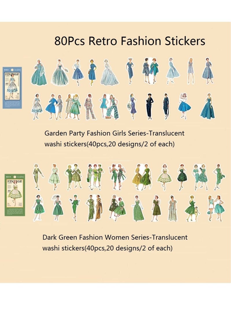 كابتن تيك 80 Scrapbook Stickers, Ladies Style Washi Decor Sticker Plan for Diaries, Photo Albums, Planners, DIY Craft Decorations (Vintage Girl Sky Blue and Green) - Image 4