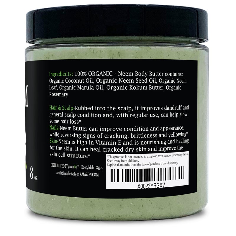 GreenIVe Neem Butter 100% Pure All Natural Body Butter Handcrafted Neem Seed Oil Coconut Oil Kokum Butter Marula Oil Rosemary Leaf Soothing Moisturizing Body Face Lip Hair Scalp Nail Care (8oz) - Image 2