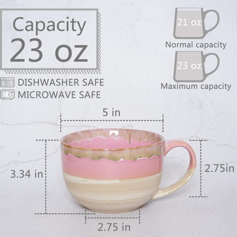 Bosmarlin Ceramic Jumbo Coffee Mug Set of 2 23 Oz Large Mug Soup Bowls with Handles Dishwasher and Microwave Safe Pink - Image 2