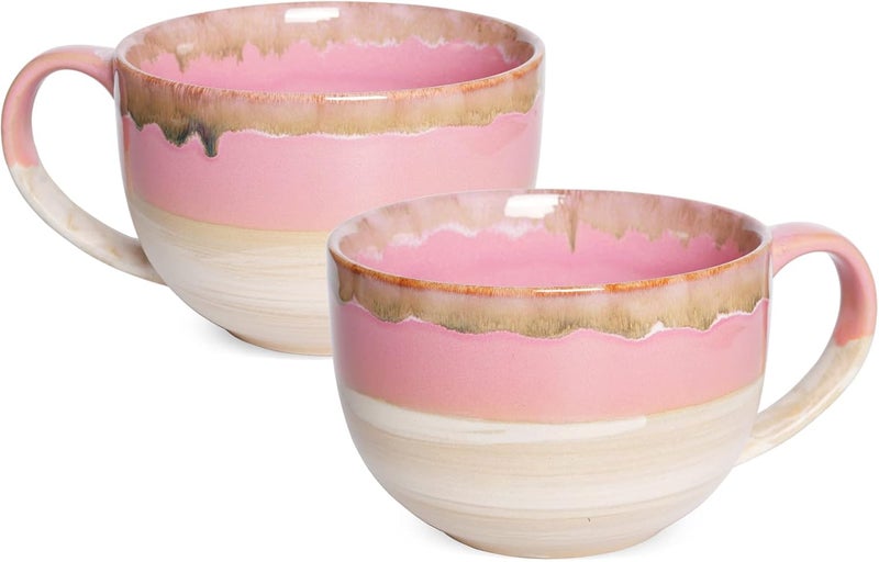 Bosmarlin Ceramic Jumbo Coffee Mug Set of 2 23 Oz Large Mug Soup Bowls with Handles Dishwasher and Microwave Safe Pink - Image 1