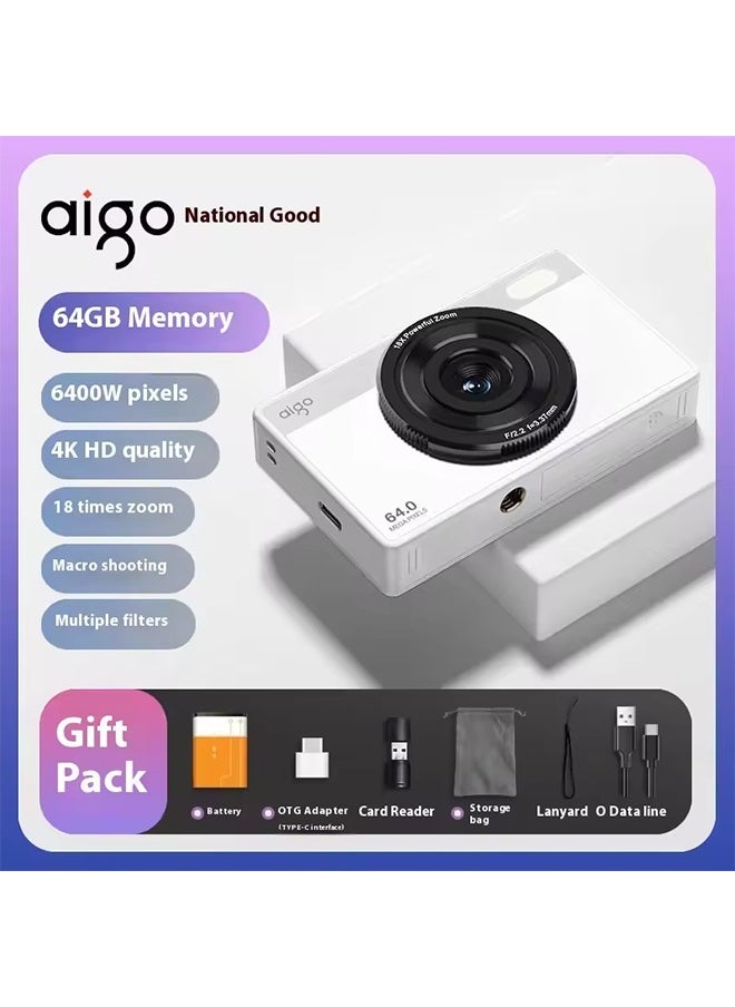 aigo Aigo E6 Digital Camera 4K AF Auto Focus Long Endurance 64 Million Pixels CMOS Sensor Lightweight Portable Card Player Retro CCD 