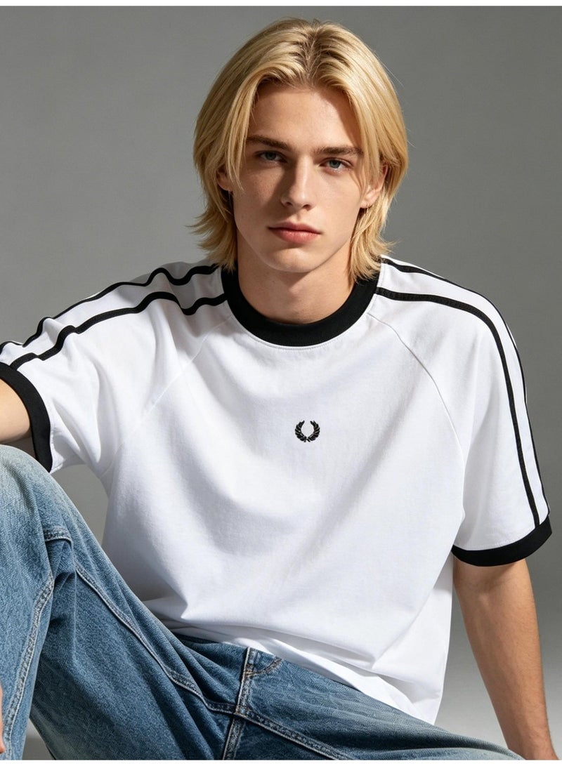 Fred Perry short-sleeved T-shirts with the same sports style for men and women contrast parallel bars loose casual couple tops, cotton breathable versatile fashion tops. - Image 1