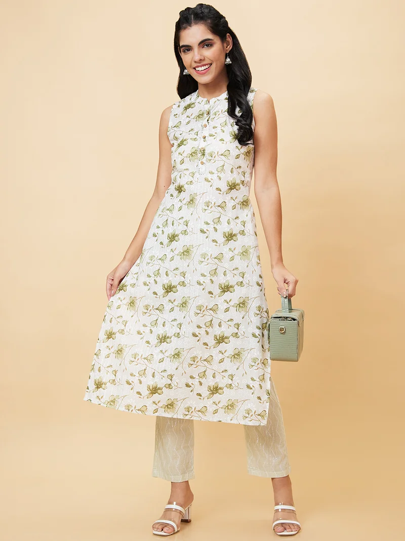 globus Globus Women White Floral Printed Regular Pure Cotton Kurta With Trousers
