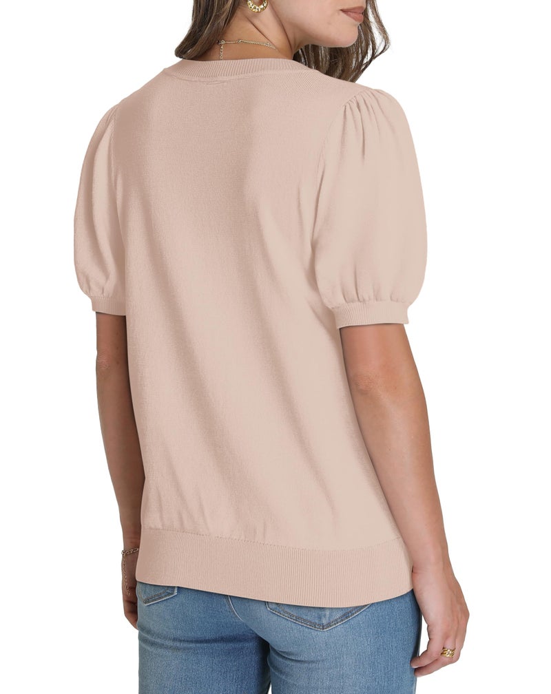 WIHOLL Short Sleeve Sweater for Women Spring Summer T Shirts Short Puff Sleeve Sweaters Ladies Business Casual Tops Work Blouses Outfits Beach Vacation Clothes Resort Wear Cruise 2025 2026 Apricot S - Image 5
