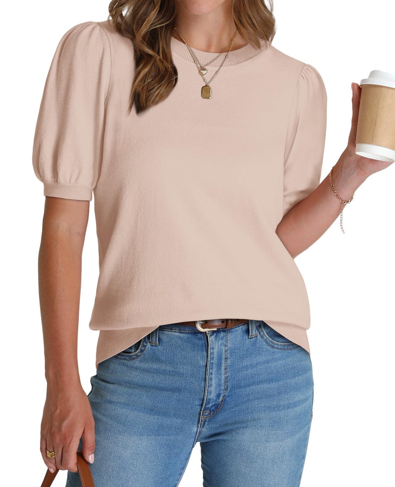 WIHOLL Short Sleeve Sweater for Women Spring Summer T Shirts Short Puff Sleeve Sweaters Ladies Business Casual Tops Work Blouses Outfits Beach Vacation Clothes Resort Wear Cruise 2025 2026 Apricot S - Image 1