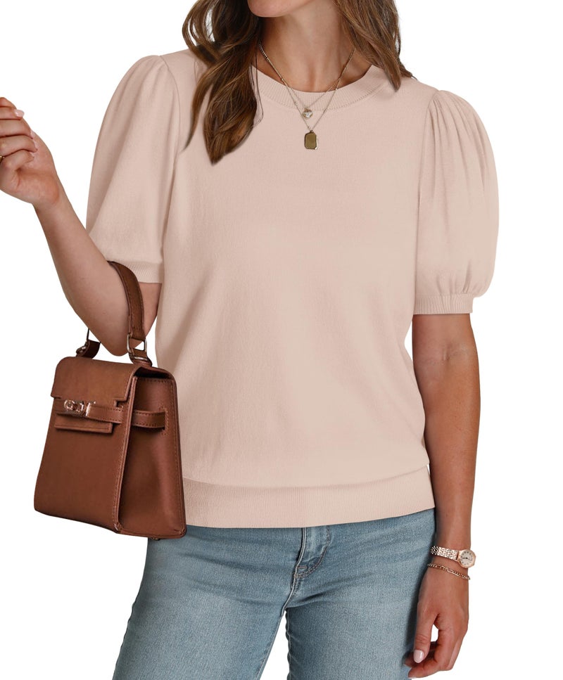 WIHOLL Short Sleeve Sweater for Women Spring Summer T Shirts Short Puff Sleeve Sweaters Ladies Business Casual Tops Work Blouses Outfits Beach Vacation Clothes Resort Wear Cruise 2025 2026 Apricot S - Image 4