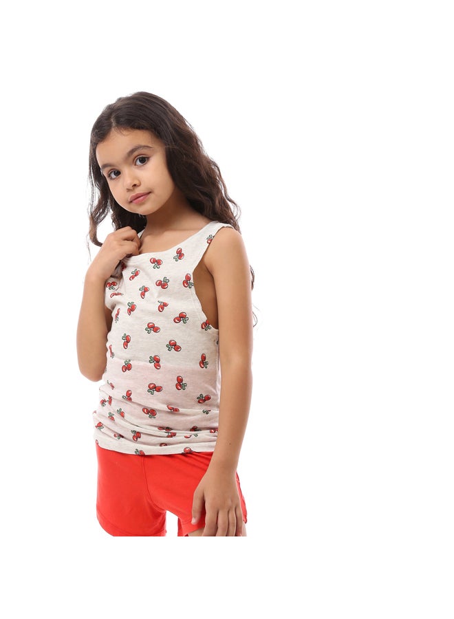 Andora Cherry Patterned Slip On Girl Pajama Set - Light Grey & Red - Image 2