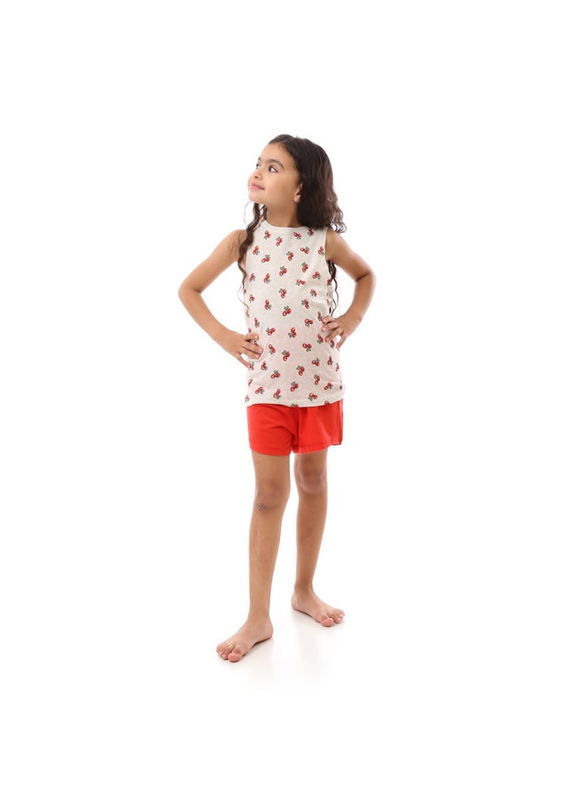 Andora Cherry Patterned Slip On Girl Pajama Set - Light Grey & Red - Image 1