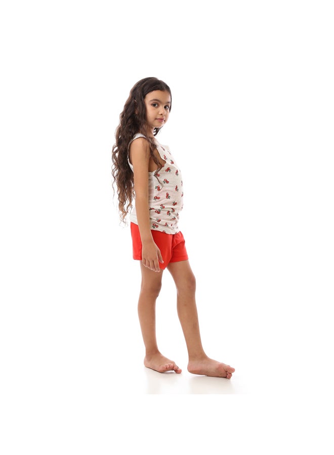 Andora Cherry Patterned Slip On Girl Pajama Set - Light Grey & Red - Image 4