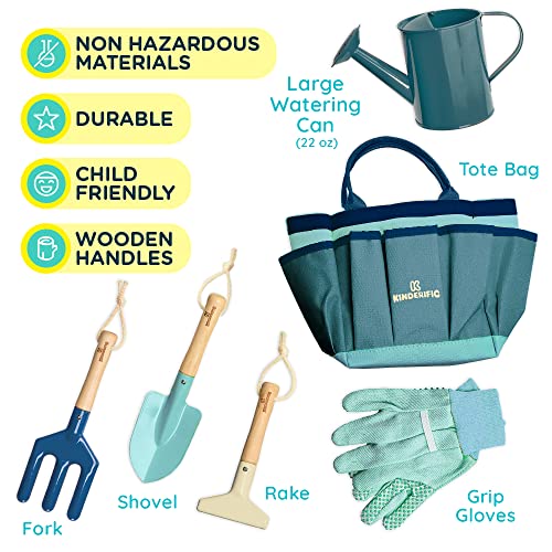 Kinderific Gardening Set, Tool Kit, for Kids, STEM, Includes Tote Bag, Spade, Watering Can, Rake, Fork, Trowel and Gloves (Ocean Blue) - Image 3