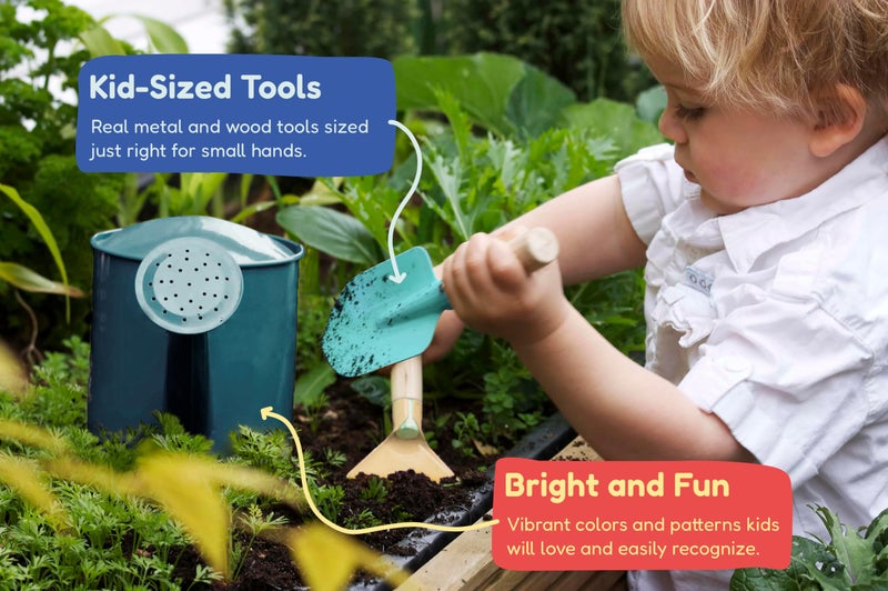 Kinderific Gardening Set, Tool Kit, for Kids, STEM, Includes Tote Bag, Spade, Watering Can, Rake, Fork, Trowel and Gloves (Ocean Blue) - Image 5