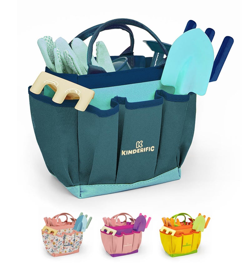 Kinderific Gardening Set, Tool Kit, for Kids, STEM, Includes Tote Bag, Spade, Watering Can, Rake, Fork, Trowel and Gloves (Ocean Blue) - Image 1