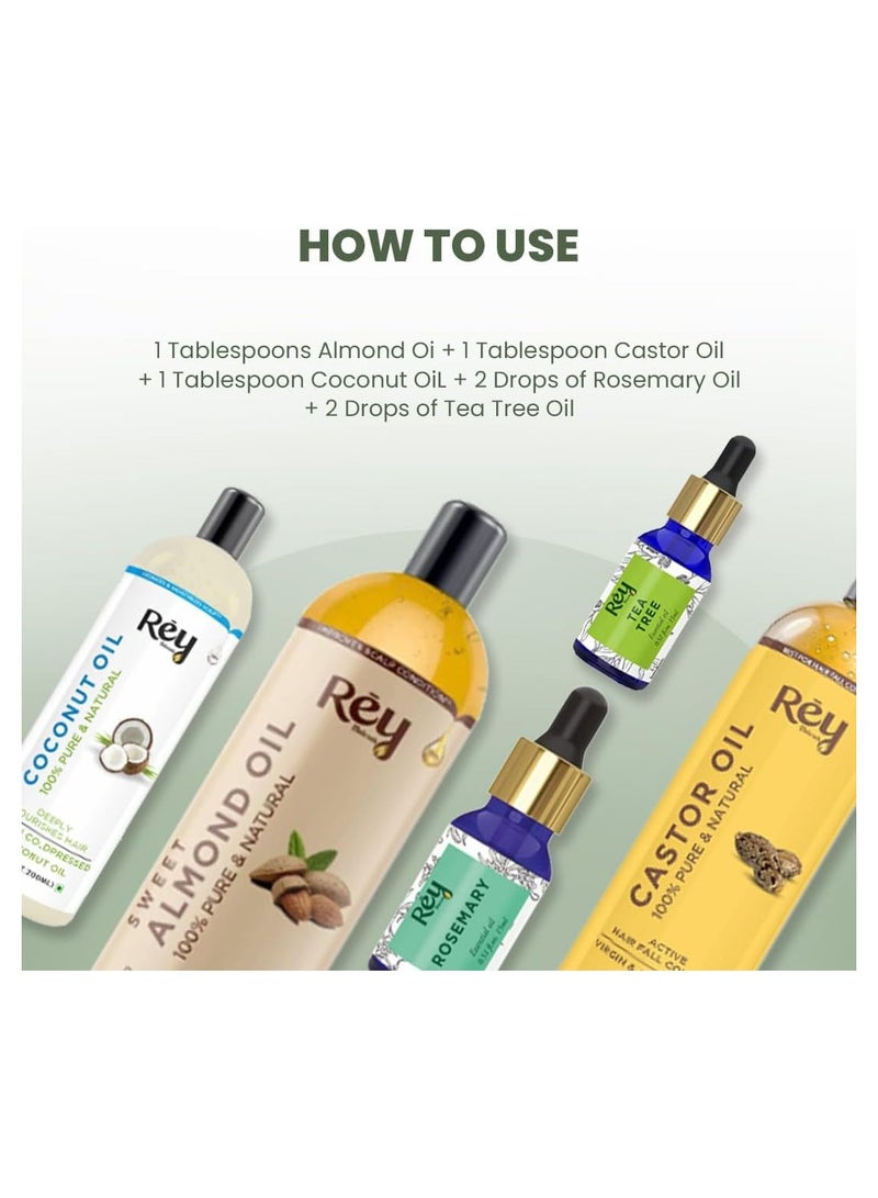 Rey Naturals Rey Naturals Complete Hair Care Kit-Castor Oil + Coconut Oil + Almond Oil + Rosemary Oil + Tea tree Oil Combo - Image 4
