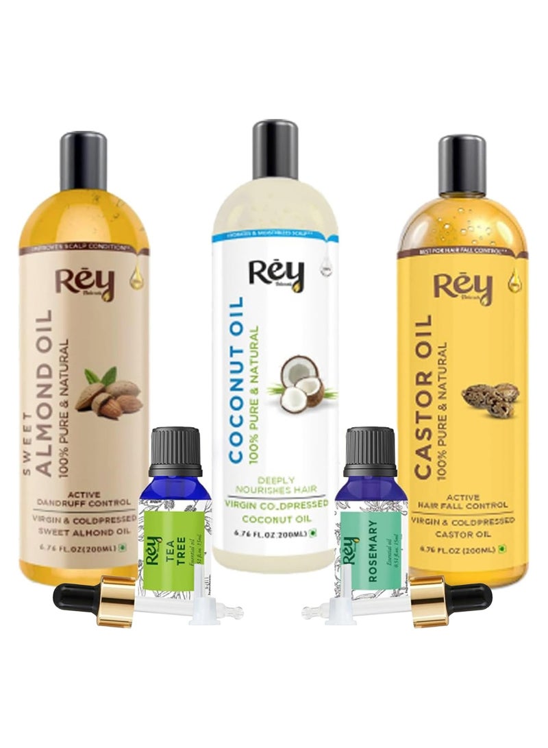 Rey Naturals Rey Naturals Complete Hair Care Kit-Castor Oil + Coconut Oil + Almond Oil + Rosemary Oil + Tea tree Oil Combo - Image 1
