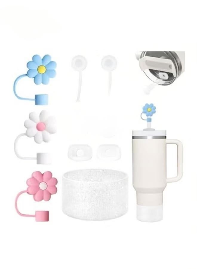 10 PCS Stanley Cup Accessories Set Including 6 Pcs Silicone Spill Proof Stopper, 3 Pcs 10mm Flower Straw Cover Cap, 1 Pcs Bling Silicone Boot Sleeve for Stanley Cup Stanley 40oz & 30oz Tumbler - Image 1