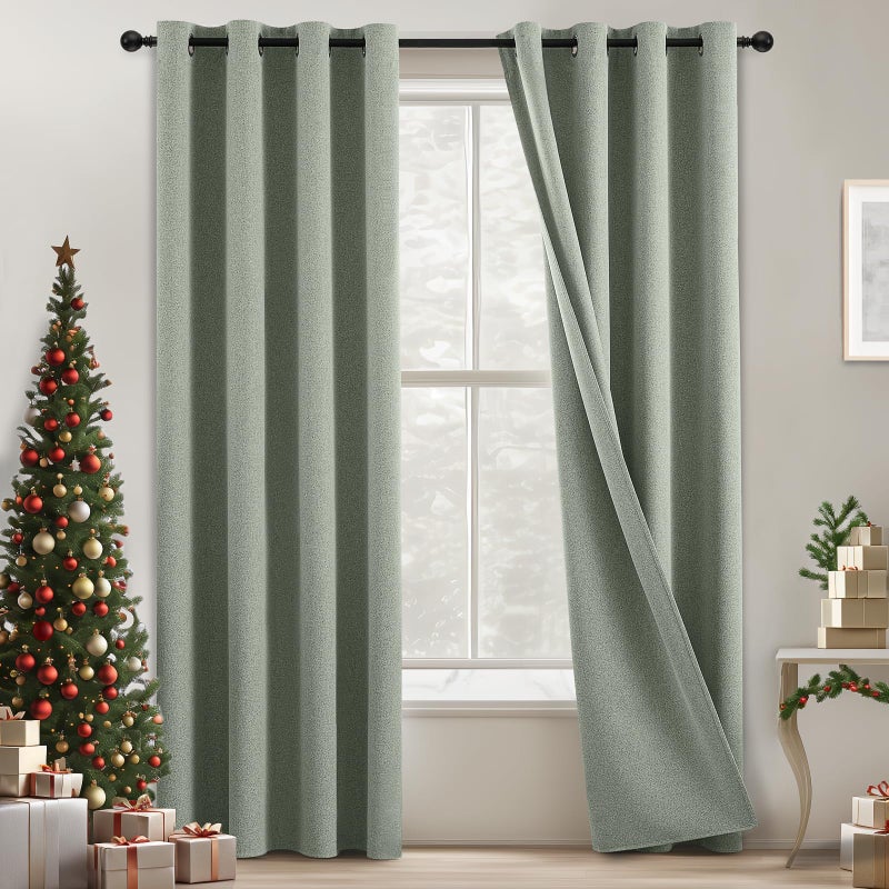 COSVIYA 100% Blackout Sage Green Linen Curtains & Drapes 84 Inch Length 2 Panels Set  Full Room Darkening Grommet Insulated Thermal Window Panels for Bedroom/Living Room 52x84 inches - Image 1