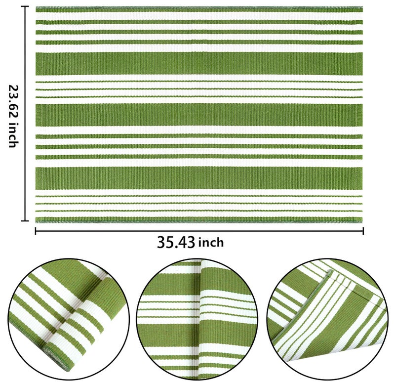 BUAGETUP Green and White Striped Outdoor Rug 24'' x 35'' Door Mat Outdoor Machine Washable Welcome Mats Cotton Hand-Woven Entryway Rug for Front Porch/Entryway/Laundry/Bathroom/Bedroom - Image 3