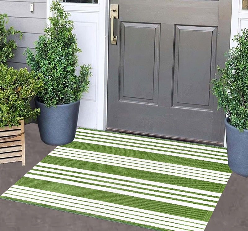 BUAGETUP Green and White Striped Outdoor Rug 24'' x 35'' Door Mat Outdoor Machine Washable Welcome Mats Cotton Hand-Woven Entryway Rug for Front Porch/Entryway/Laundry/Bathroom/Bedroom - Image 1