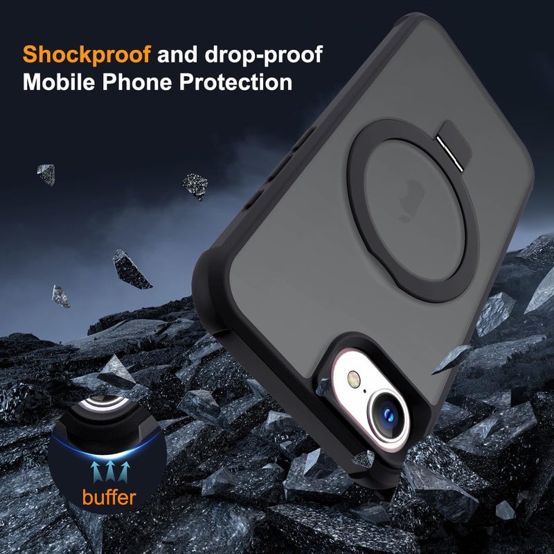 YOOJ ® Magnetic Case for iPhone 16e, Military-Grade Translucent Case with Invisible Magnetic O-Ring Stand, Slim Hard Shockproof with Soft Edge for iPhone 16e, Compatible with Mag-Safe (Black) - Image 3