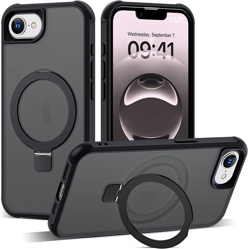 YOOJ ® Magnetic Case for iPhone 16e, Military-Grade Translucent Case with Invisible Magnetic O-Ring Stand, Slim Hard Shockproof with Soft Edge for iPhone 16e, Compatible with Mag-Safe (Black) - Image 1